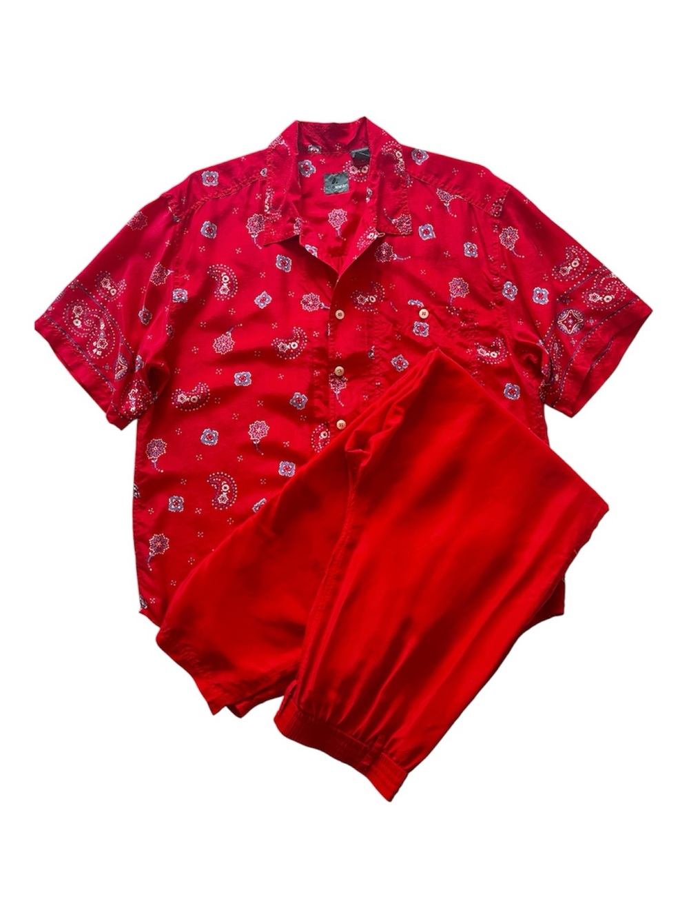 VTG 90s Lizwear 100% Silk 2 Piece Set Red Paisley Bandana Lounge Shirt Pants L